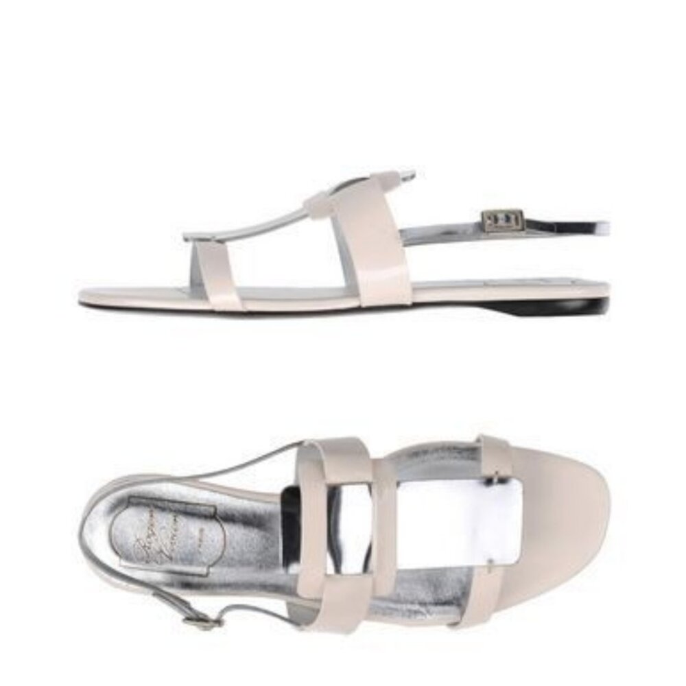ROGER VIVIER Sexy Pilgrim Sandals Leather Silver/Beige FLAT Shoes US 5